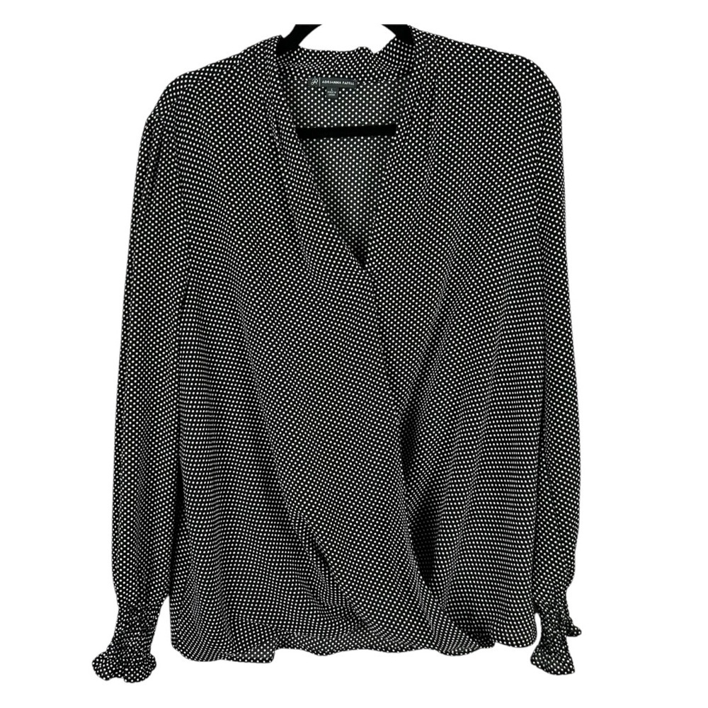 Adrianna Papell Black & White Polkadot Wrap Blouse with Cuffed Sleeves Size L